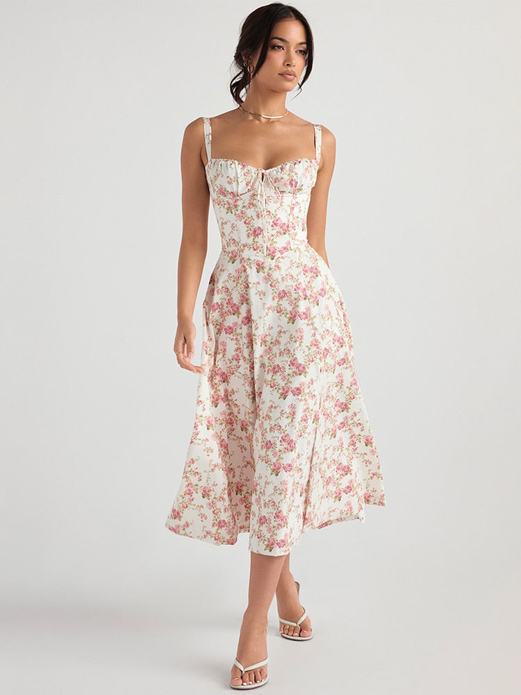 Floral Print Tie-Up Strap Flowy Midi Dress