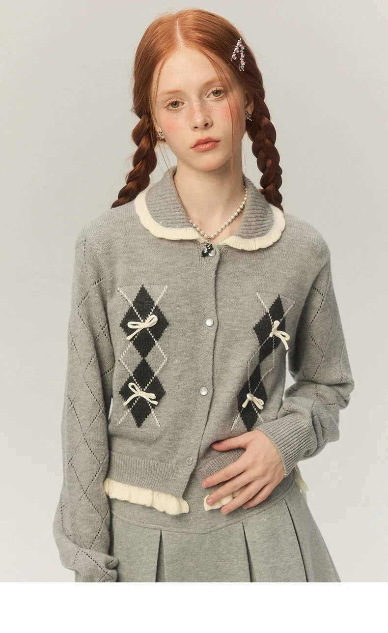 Argyle Collar Buttoned Knitted Cardigan