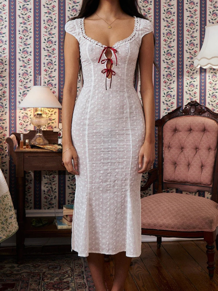 Doily Pattern Ribbon Tie-Up Midi Dress