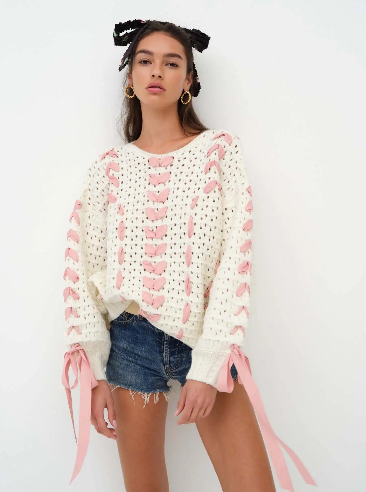 White Knit Pink Ribbon Lace Up Sweater