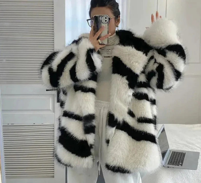 Zebra Striped Faux Fur Coat