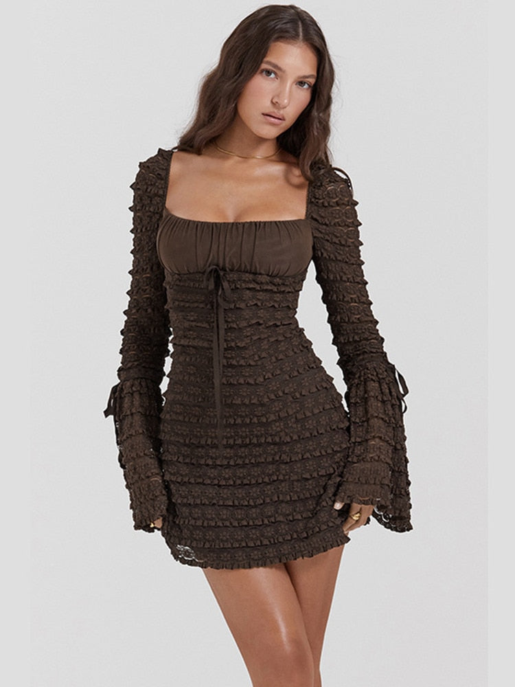 Brown Lace Layered Long Sleeve Mini Dress
