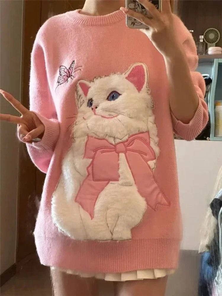 Pink Cat Embroidery Sweater