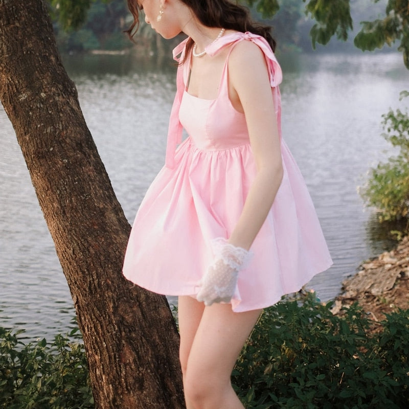 Pink Strap Tie Up Skater Mini Dress