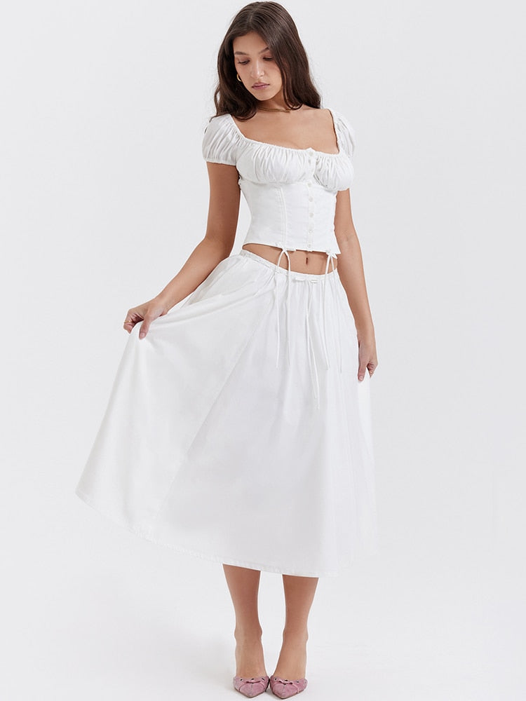 White Buttoned Drawstring Crop Top and Midi Skirt Two Piece Set