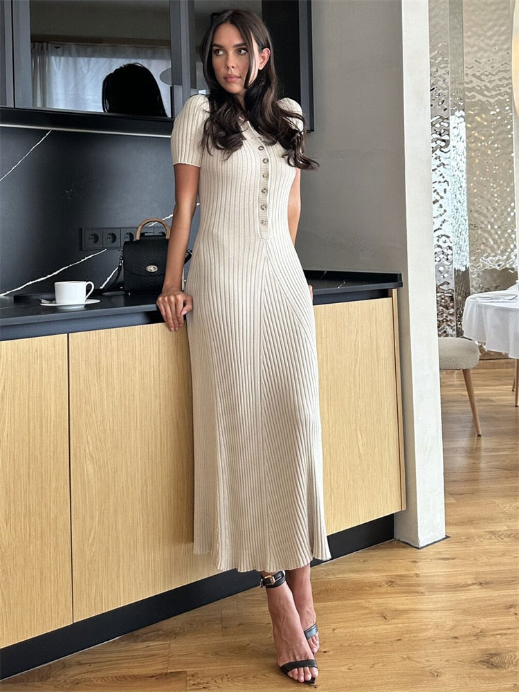 Knit Short Sleeve Collar Maxi Dress