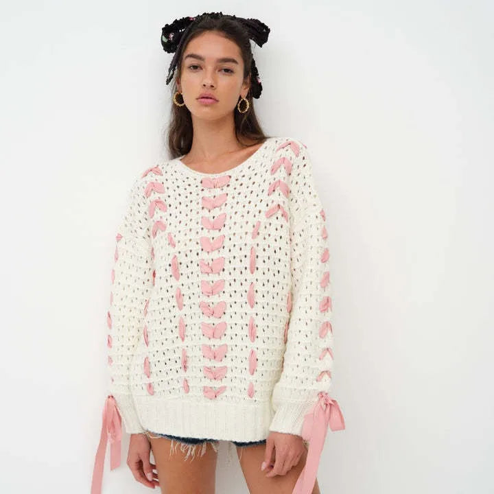 White Knit Pink Ribbon Lace Up Sweater