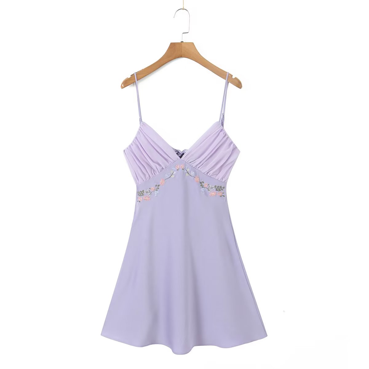 Purple Back Tie-Up Floral Embroidery Mini Dress