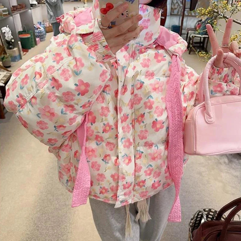 Pink Floral Puffer Jacket