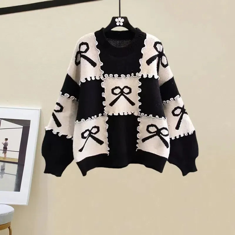 Bow Checkered Patchwork Sweater