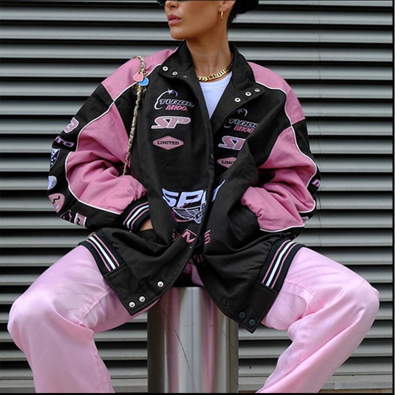 Black N Pink Graphic Bomber Jacket