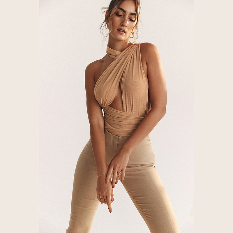 Brown Mesh Bandage Bodysuit