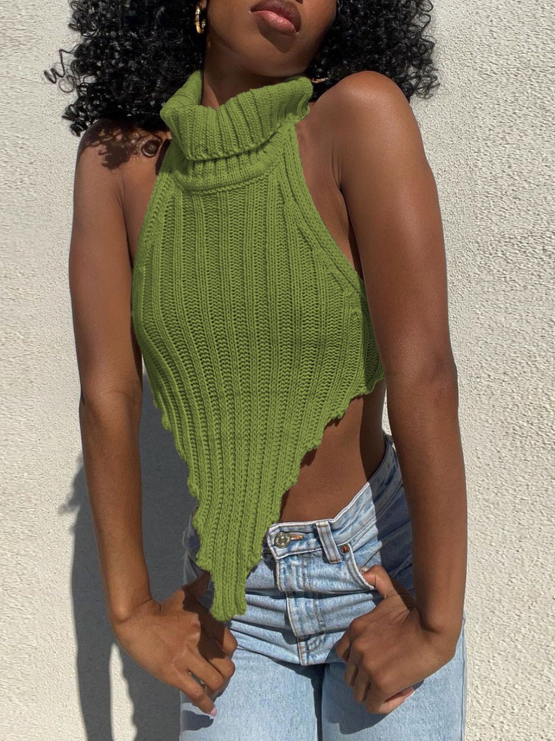Knitted Turtleneck Backless Crop Top