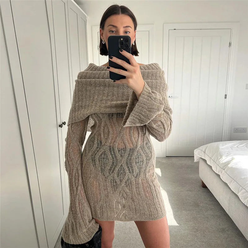 Sheer Knitted Off-Shoulder Mini Dress