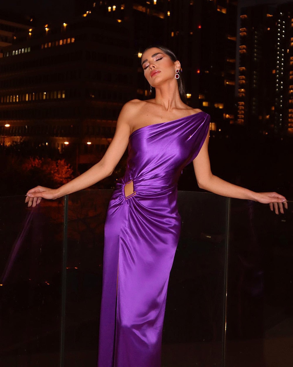 Purple One Shoulder Satin Hollow Cut Maxi Dress