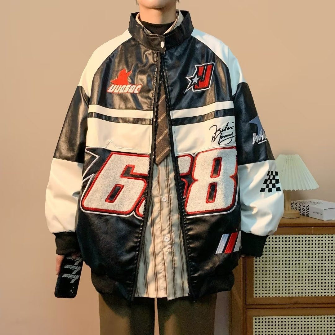 Faux Leather Racing Embroidered Bomber Jacket