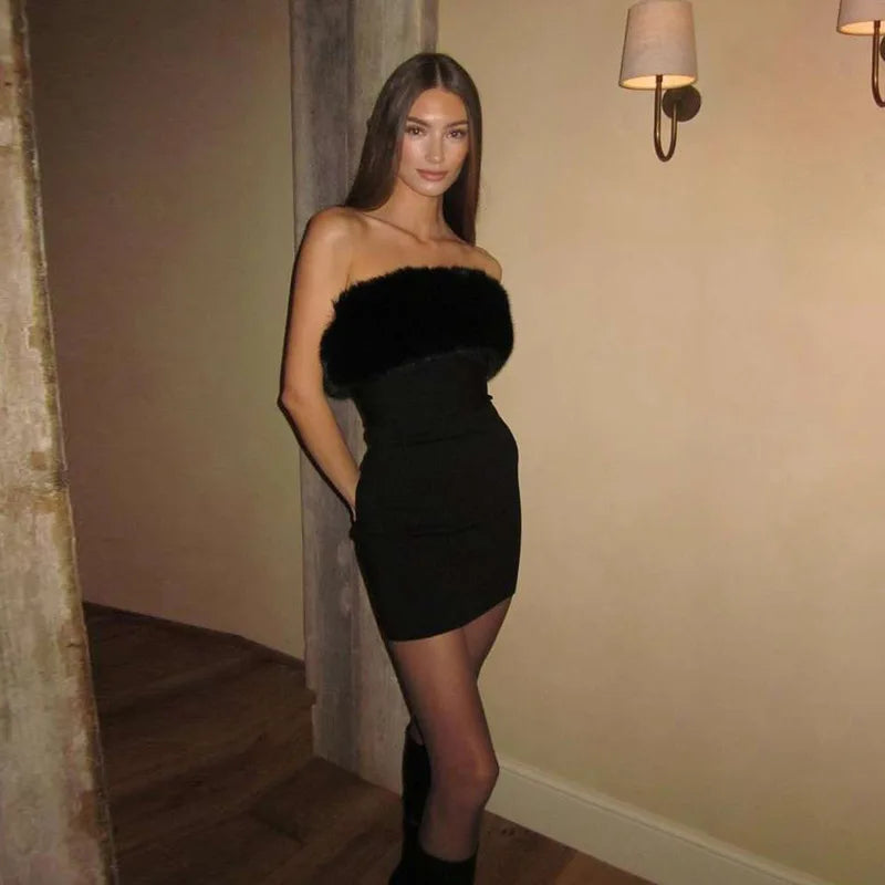 Black Fur Tube Mini Dress