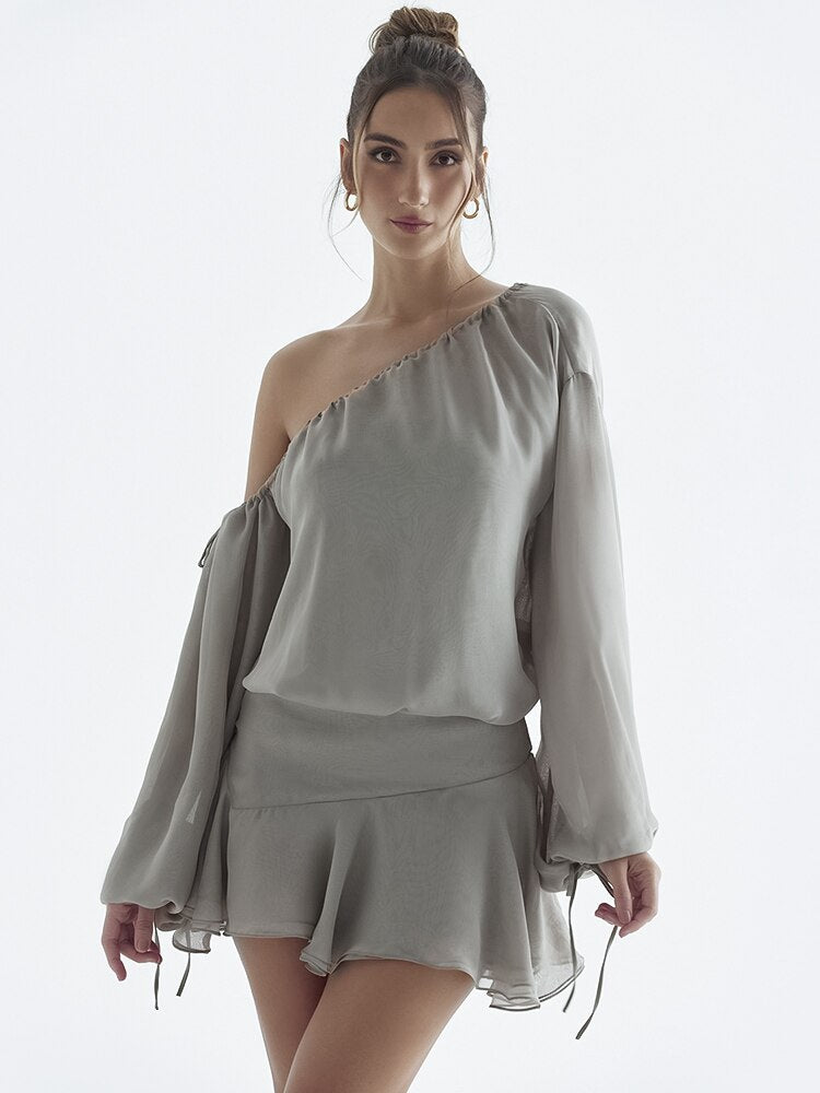 Grey Long Puff Sleeve Off-shoulder Mini Dress
