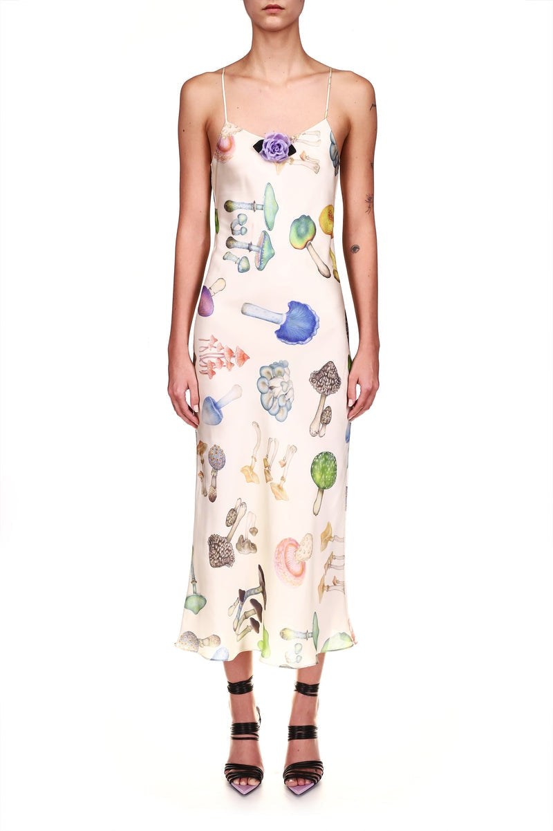 Mushroom Print Satin Maxi Slip Dress