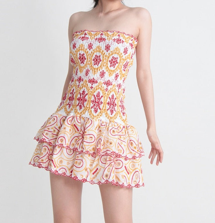 Embroidered Design Tube Ruched Mini Dress