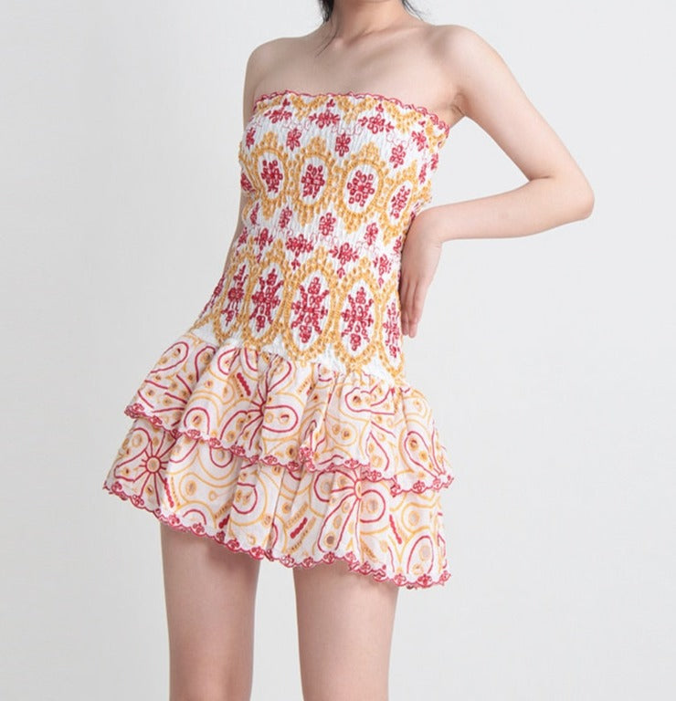 Embroidered Design Tube Ruched Mini Dress