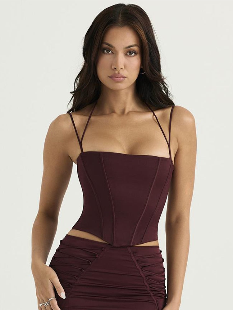 Burgundy Strap Corset Top And Lace Tie-Up Midi Skirt Set