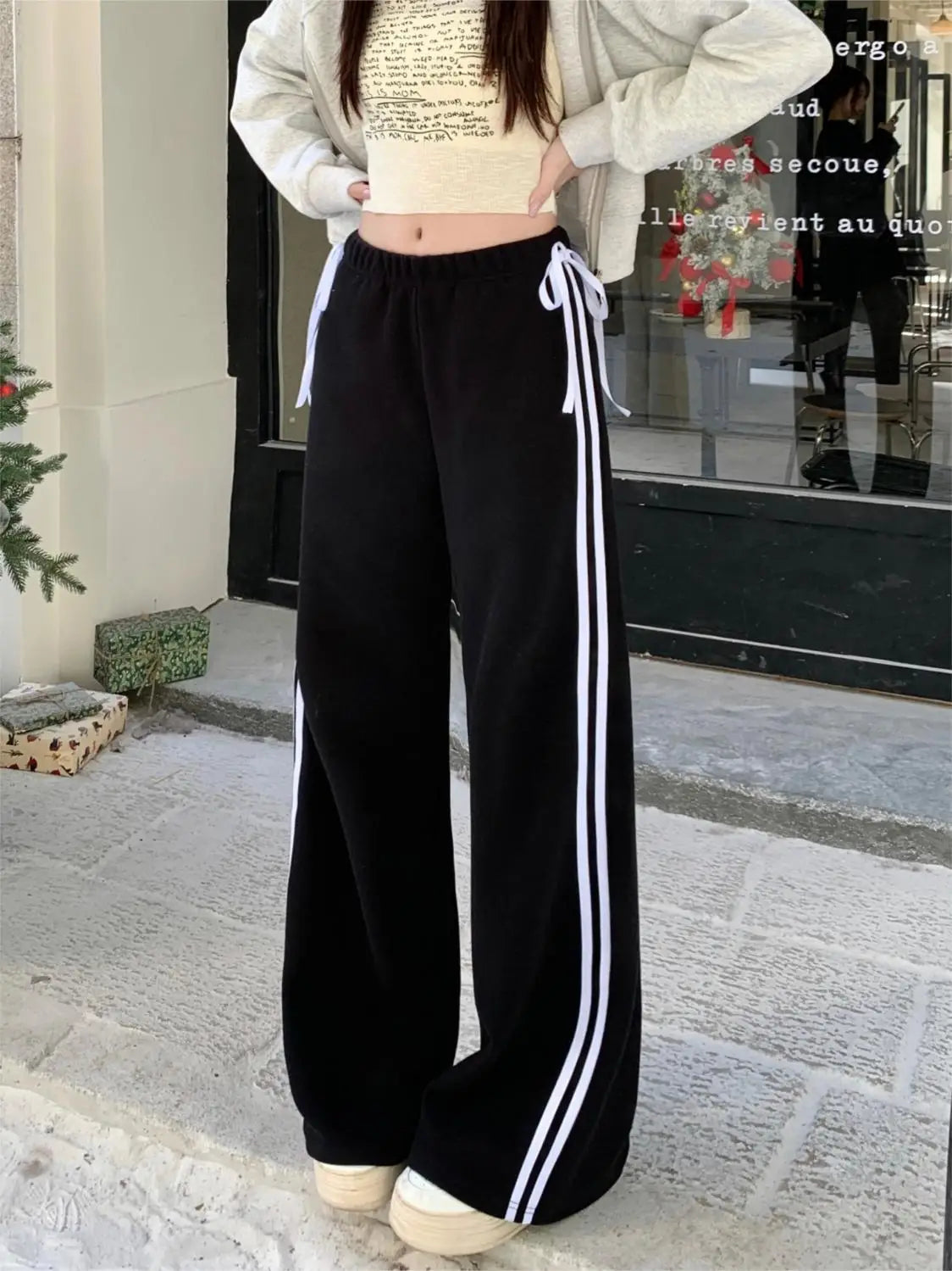 Black Striped Bow Wide Leg Pants