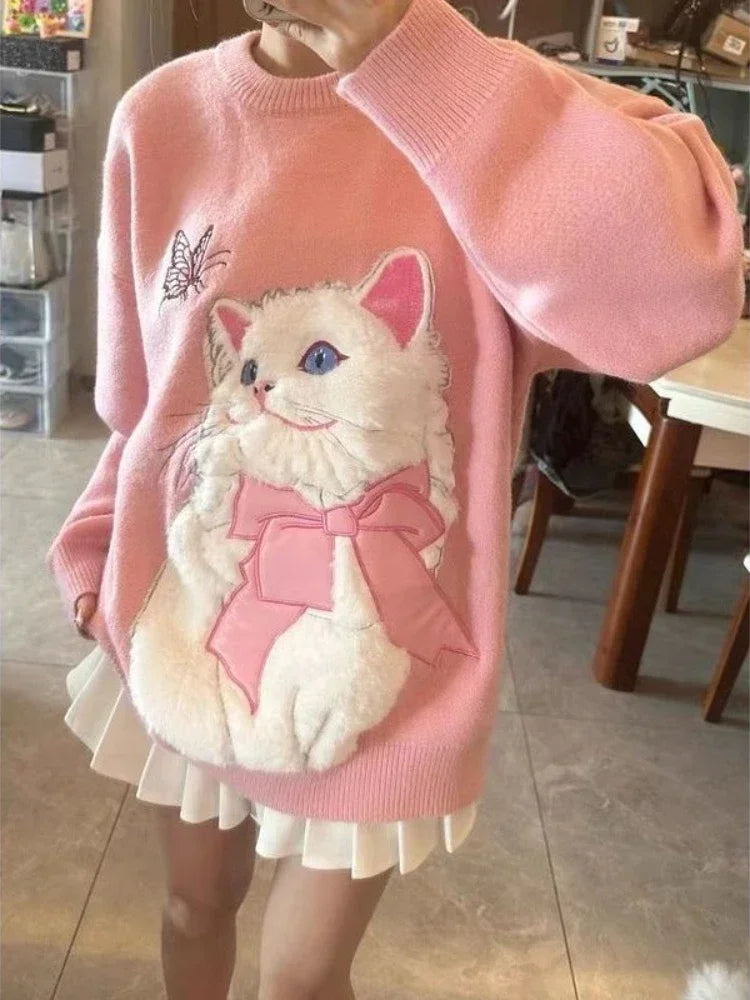 Pink Cat Embroidery Sweater