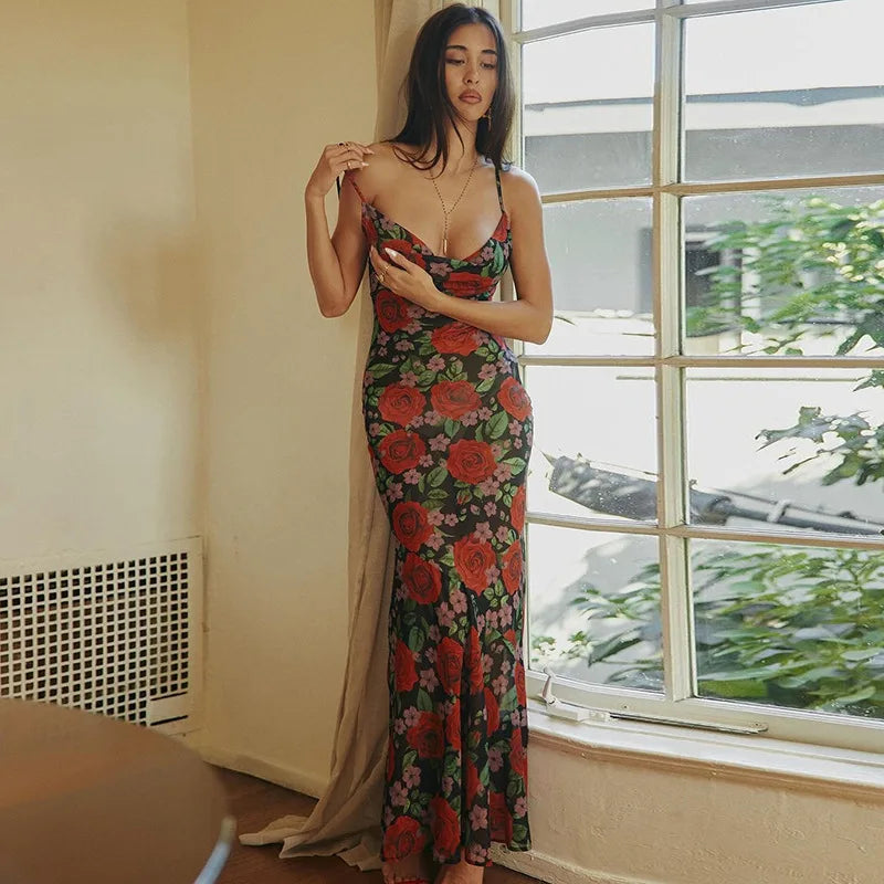 Flower Print Mesh Slip Maxi Dress