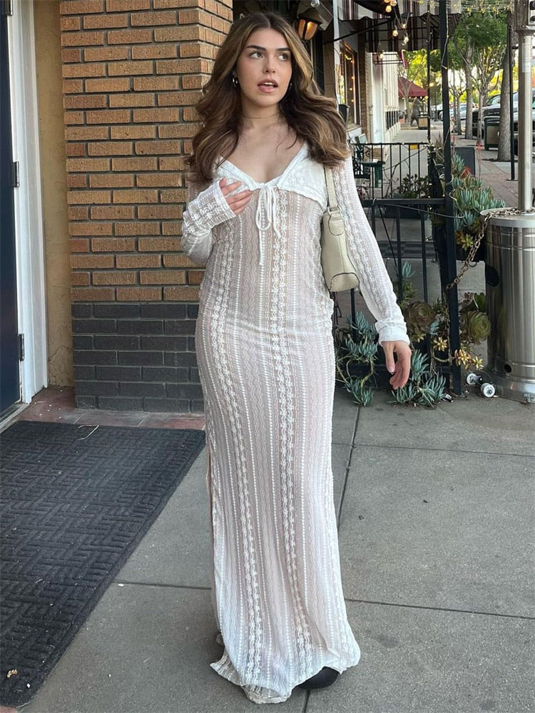 White Lace Mesh Layered Long Sleeve Maxi Dress