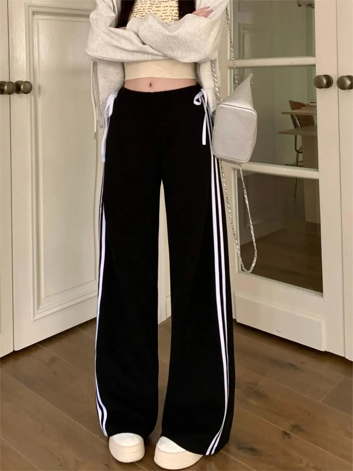 Black Striped Bow Wide Leg Pants