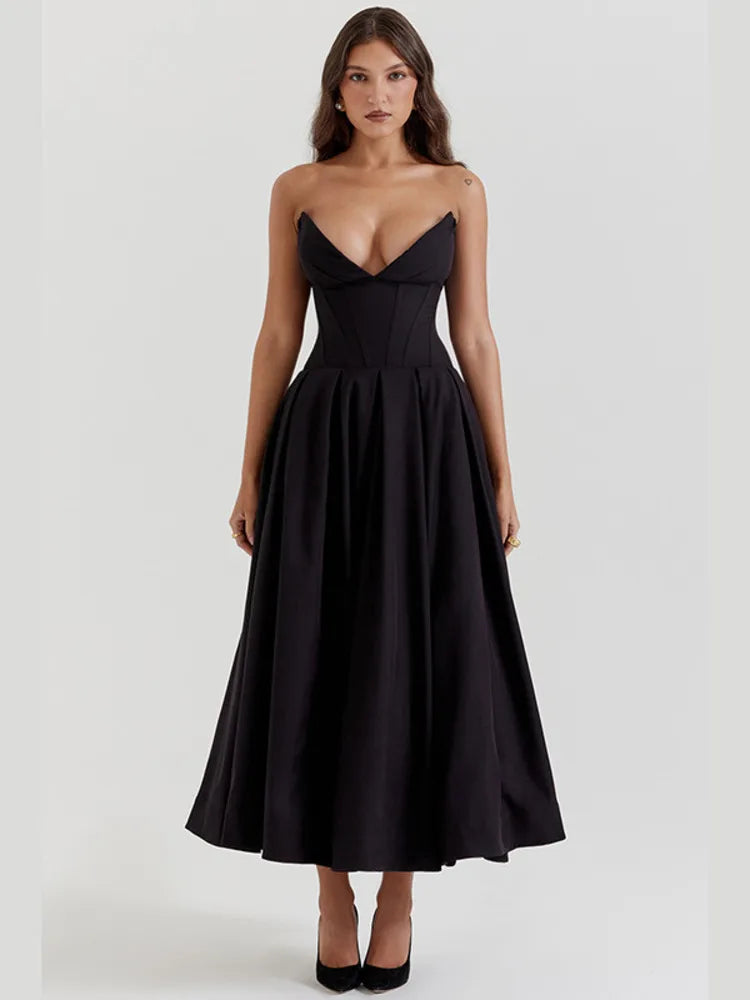 Black Deep Neck Strapless Frill Midi Dress