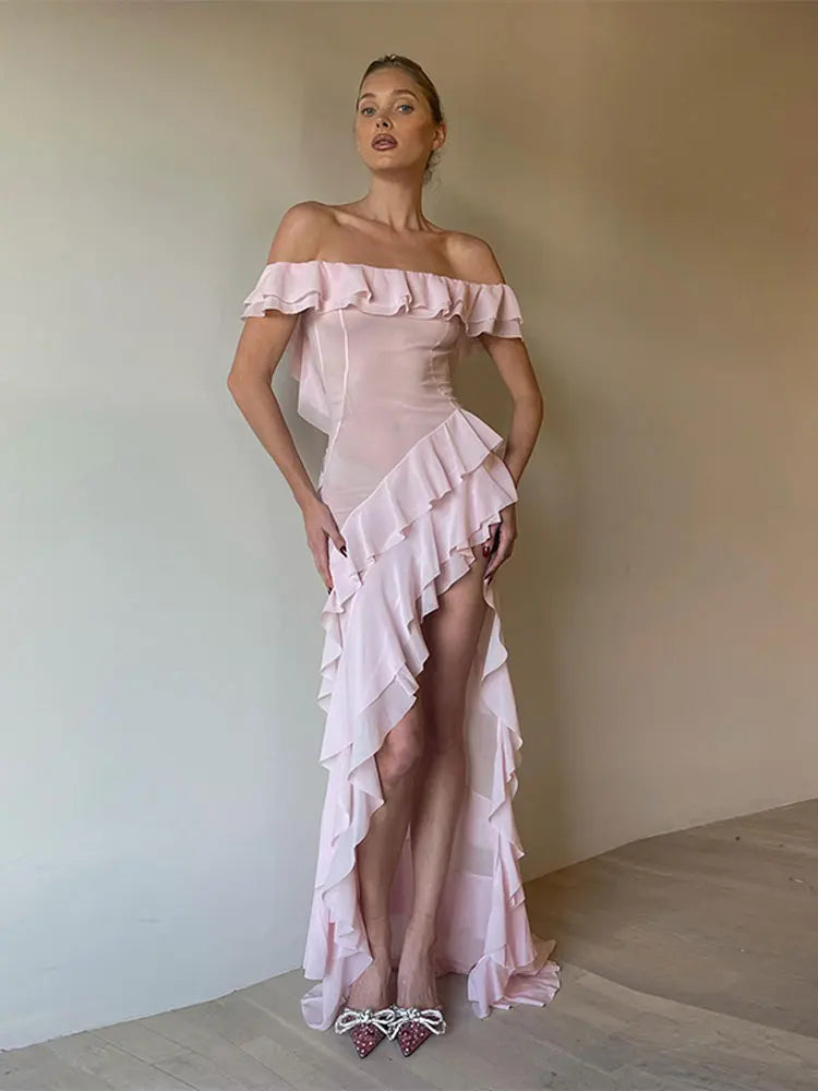 Sheer Ruffles Off-Shoulder Backless Maxi Dress