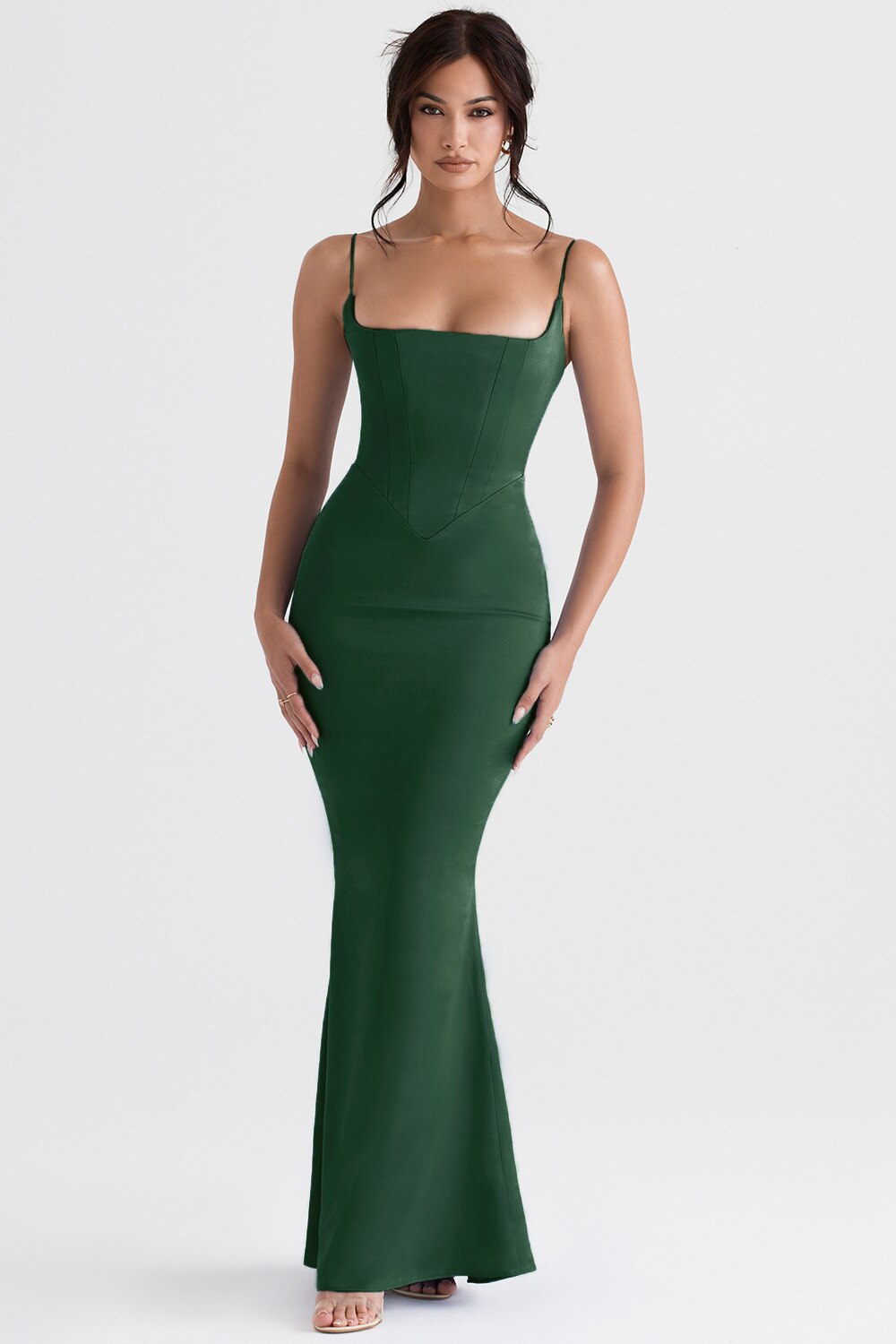 Green Satin Strappy Corset Maxi Dress