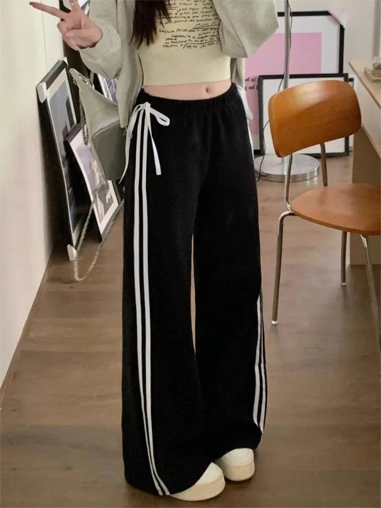 Black Striped Bow Wide Leg Pants