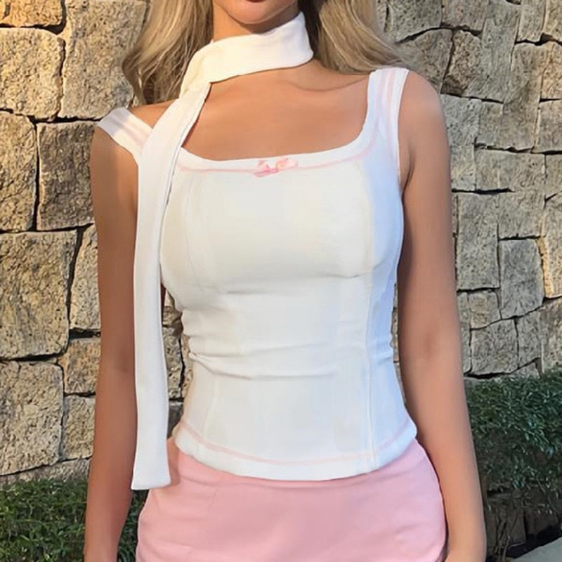 White Draped Pink Exposed Seam Bow Tank Top
