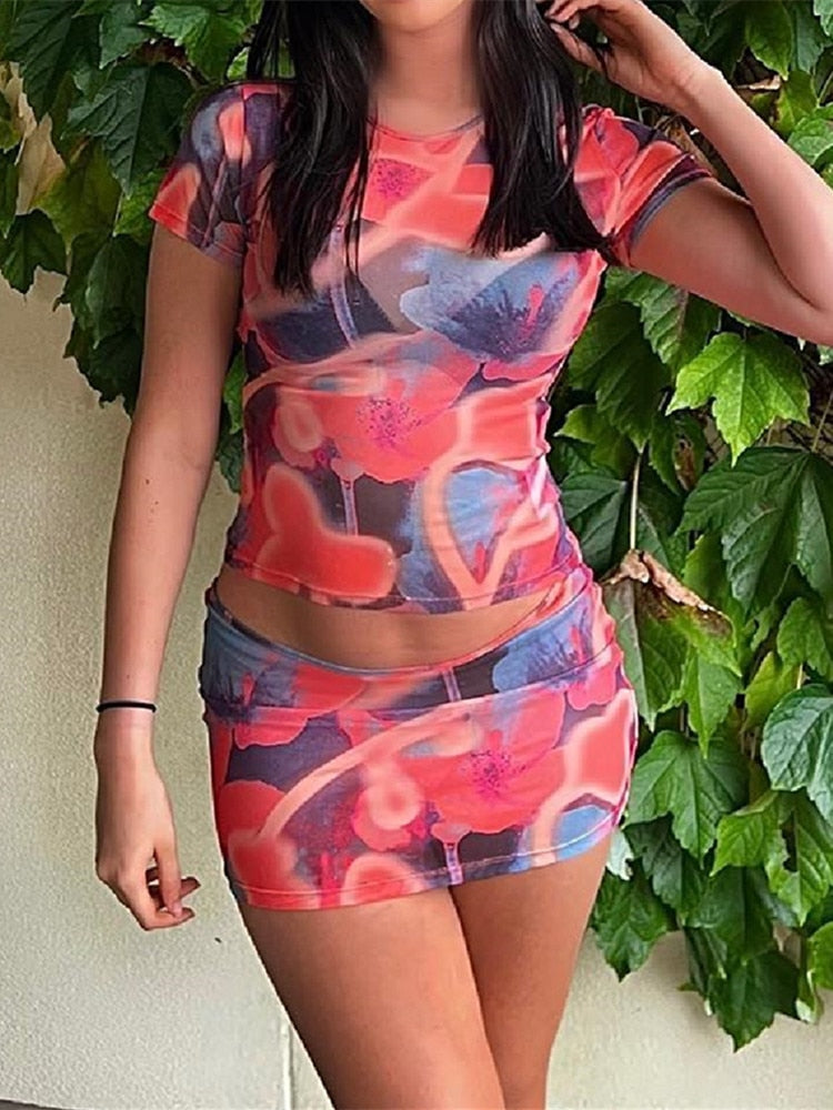 Mesh Printed Top And Bodycon Mini Skirt Set
