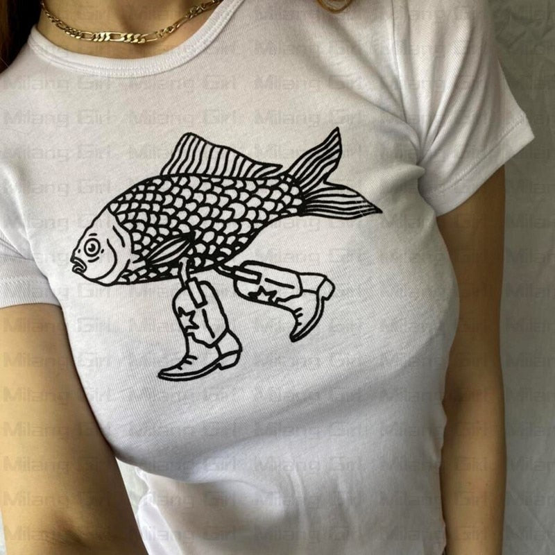 Fish With Legs Graphic White T-Shirt