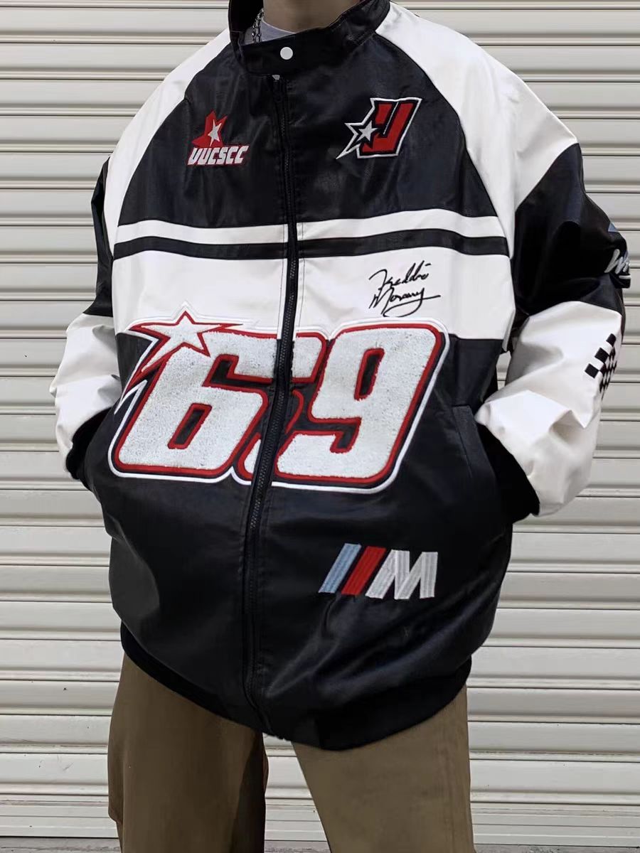 Faux Leather Racing Embroidered Bomber Jacket