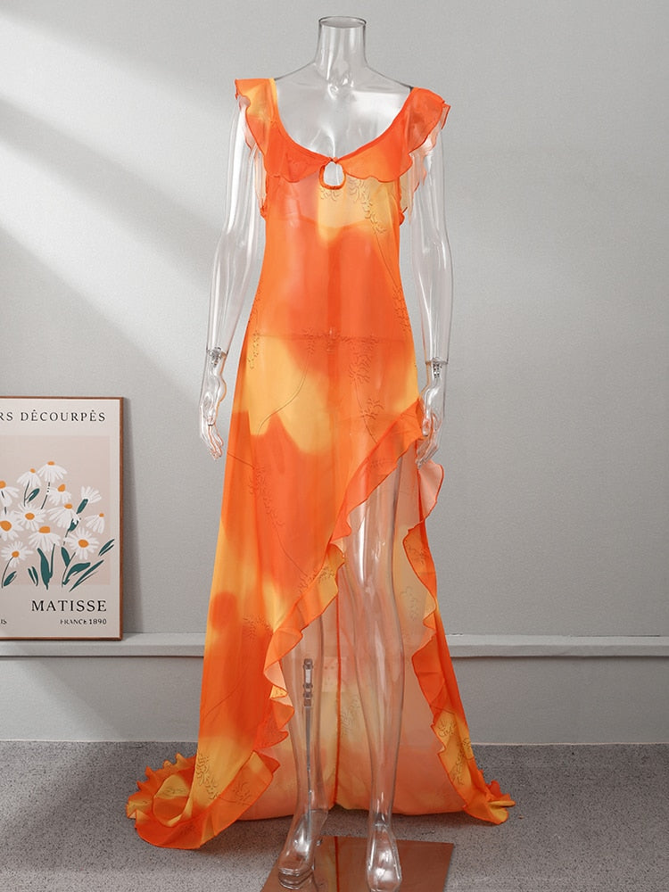 Orange Mesh Tie Dyed Printed Ruffled Maxi Dress