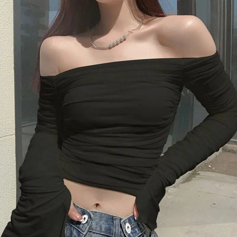 Off-Shoulder Mesh Ruched Long Sleeve Crop Top – Sexy Bodycon Streetwear Elegance