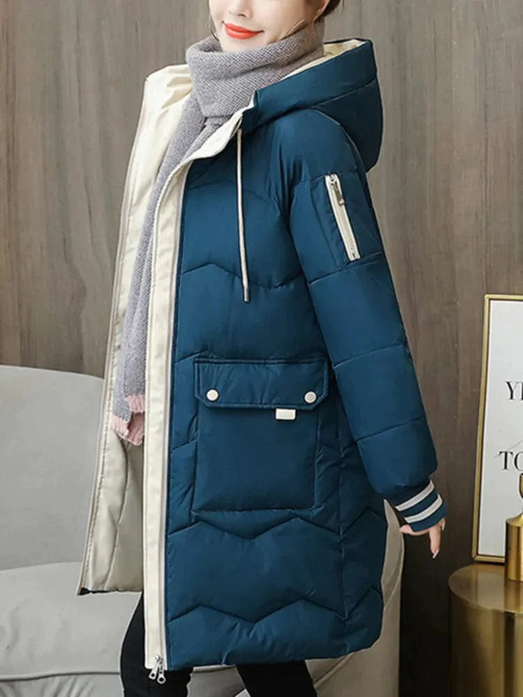 Warmth in Style: Long Hooded Parka for Women, Windproof Winter Jacket with Down Cotton, Ideal for Casual Wear