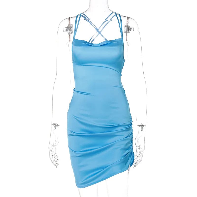 Sultry Elegance: Satin Mini Dress with Ruched Lace-Up Cross Bandage, Backless Bodycon
