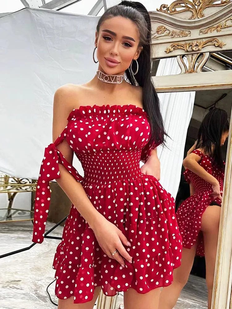 Boho Chic Red Polka Dot Ruched Dress – Sweet and Sexy Off-Shoulder Style