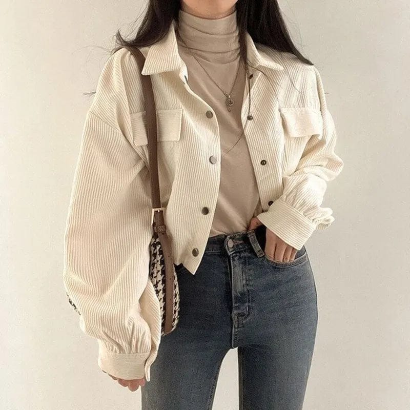 Chic Corduroy Long Sleeve Cropped Women's Blouse Drawstring and Pockets Short Jacket