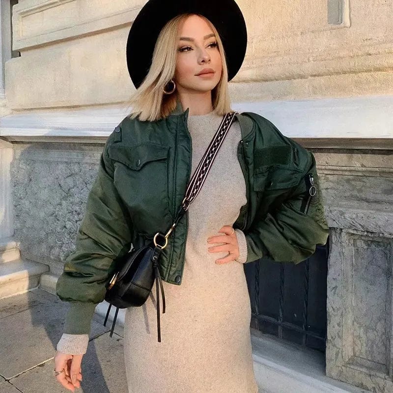 Chic Elegance: Merodi Green Short Jackets for Women - Stylish Autumn/Winter Fashion with Long Sleeve Zipper Bomber Outwear - Women's Coat