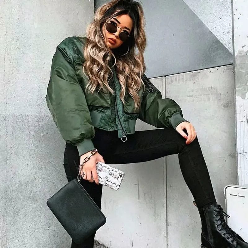 Chic Elegance: Merodi Green Short Jackets for Women – Stylish Autumn/Winter Fashion with Long Sleeve Zipper Bomber Outwear – Women’s Coat