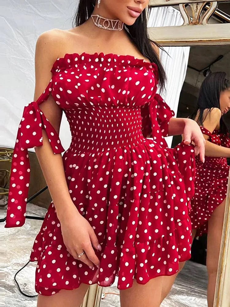 Boho Chic Red Polka Dot Ruched Dress - Sweet and Sexy Off-Shoulder Style