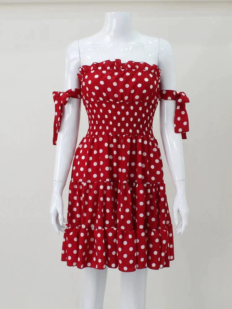 Boho Chic Red Polka Dot Ruched Dress - Sweet and Sexy Off-Shoulder Style