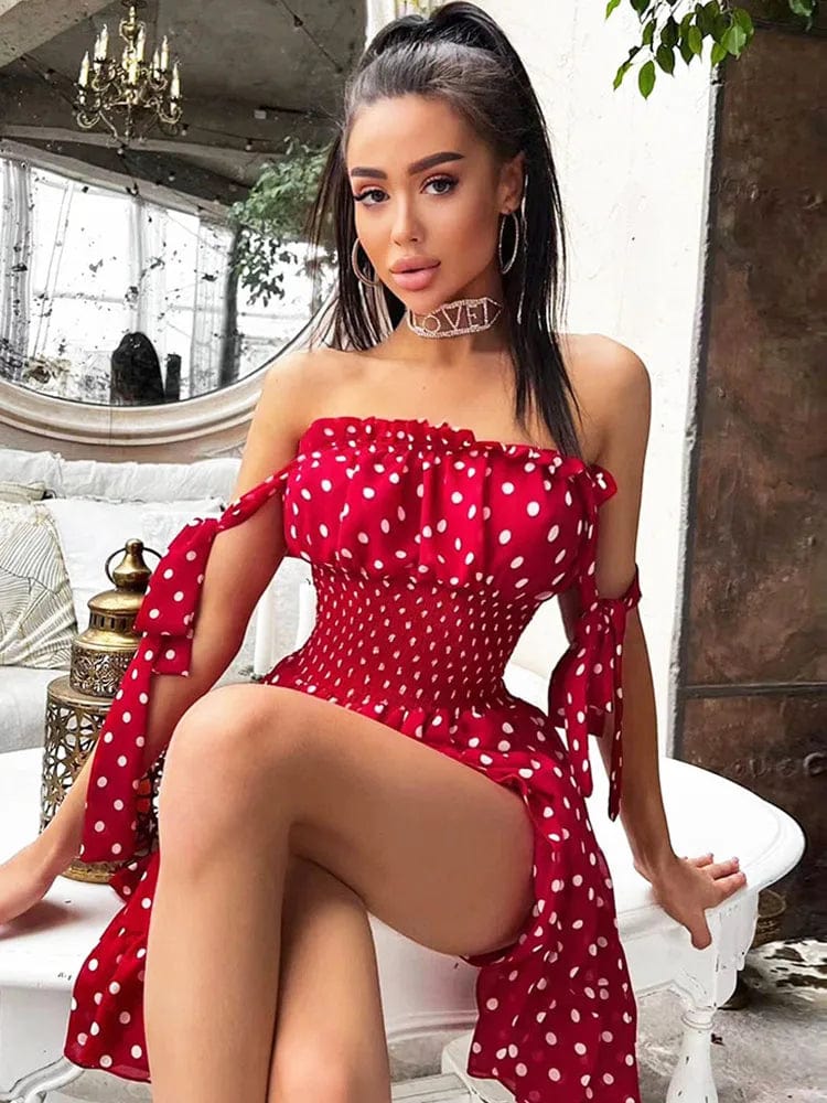 Boho Chic Red Polka Dot Ruched Dress - Sweet and Sexy Off-Shoulder Style